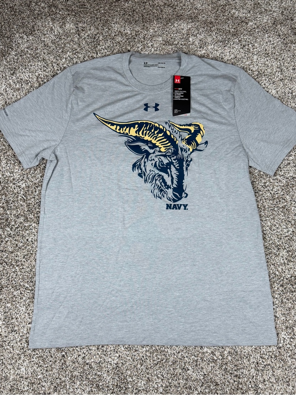 Sz Large Under Armour Gray Short-Sleeve Tee with Navy and Gold Ram Graphic